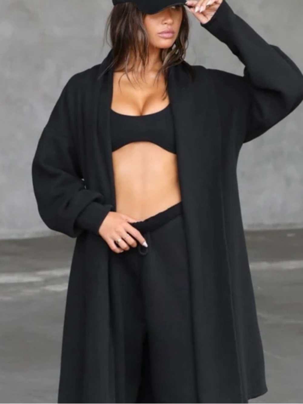 Joah Brown Oversized Black French Terry Open-Front Cardigan Sweatshirt | OS